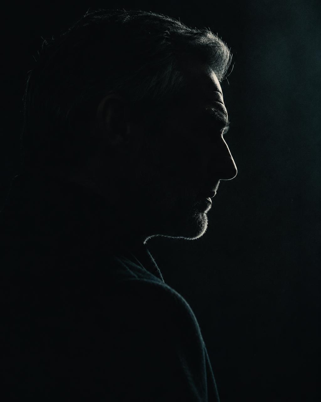 Dossier concept art: a man's side profile traced by a single edge light against darkness.