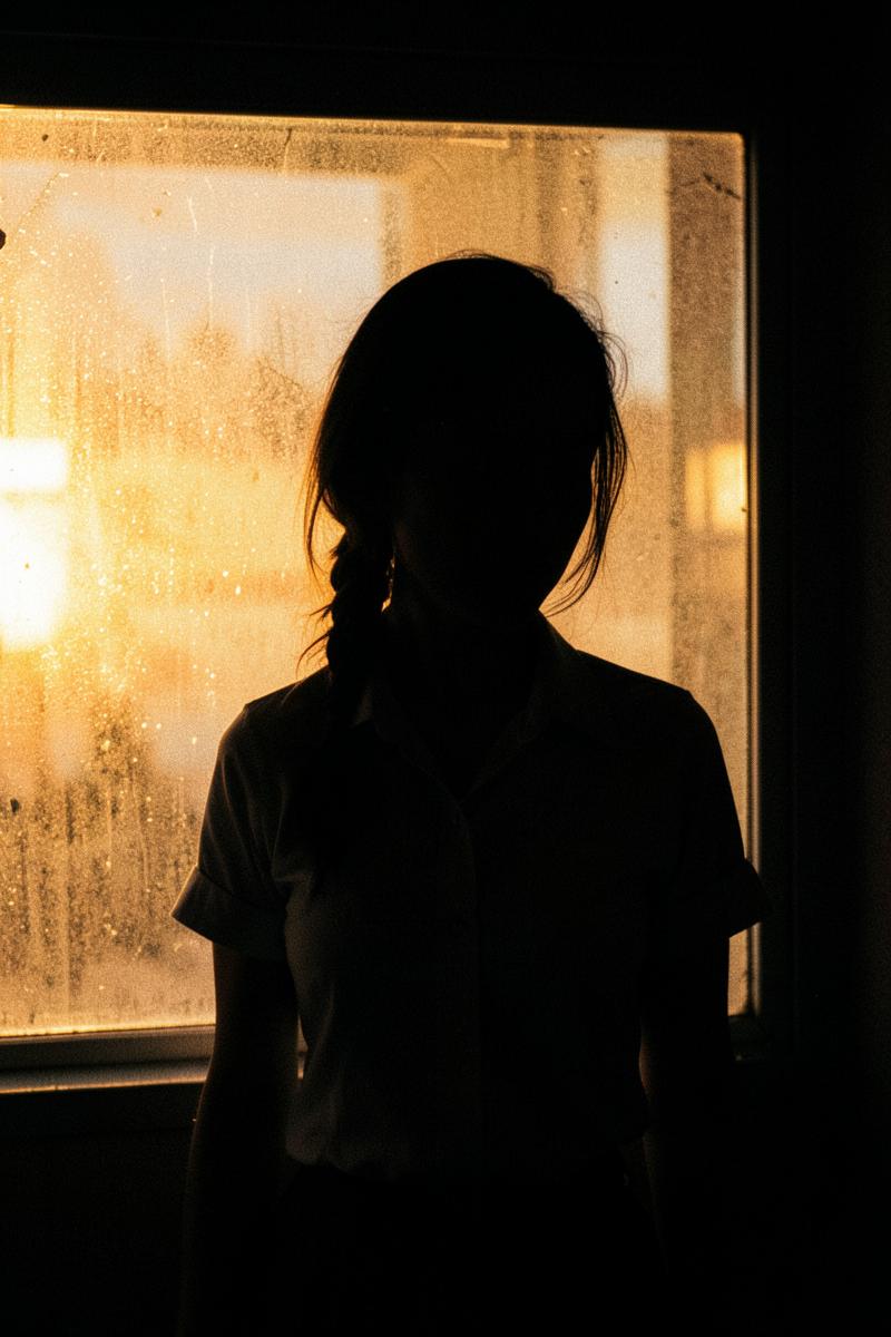 Dossier portrait slot: a waitress silhouetted against a dusty window.