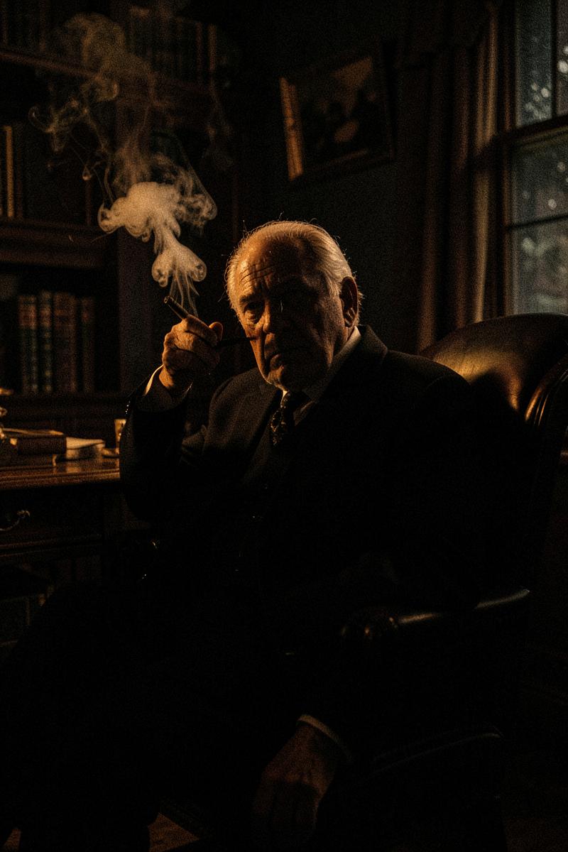 Dossier portrait slot: an older crime boss seated in a dim study.
