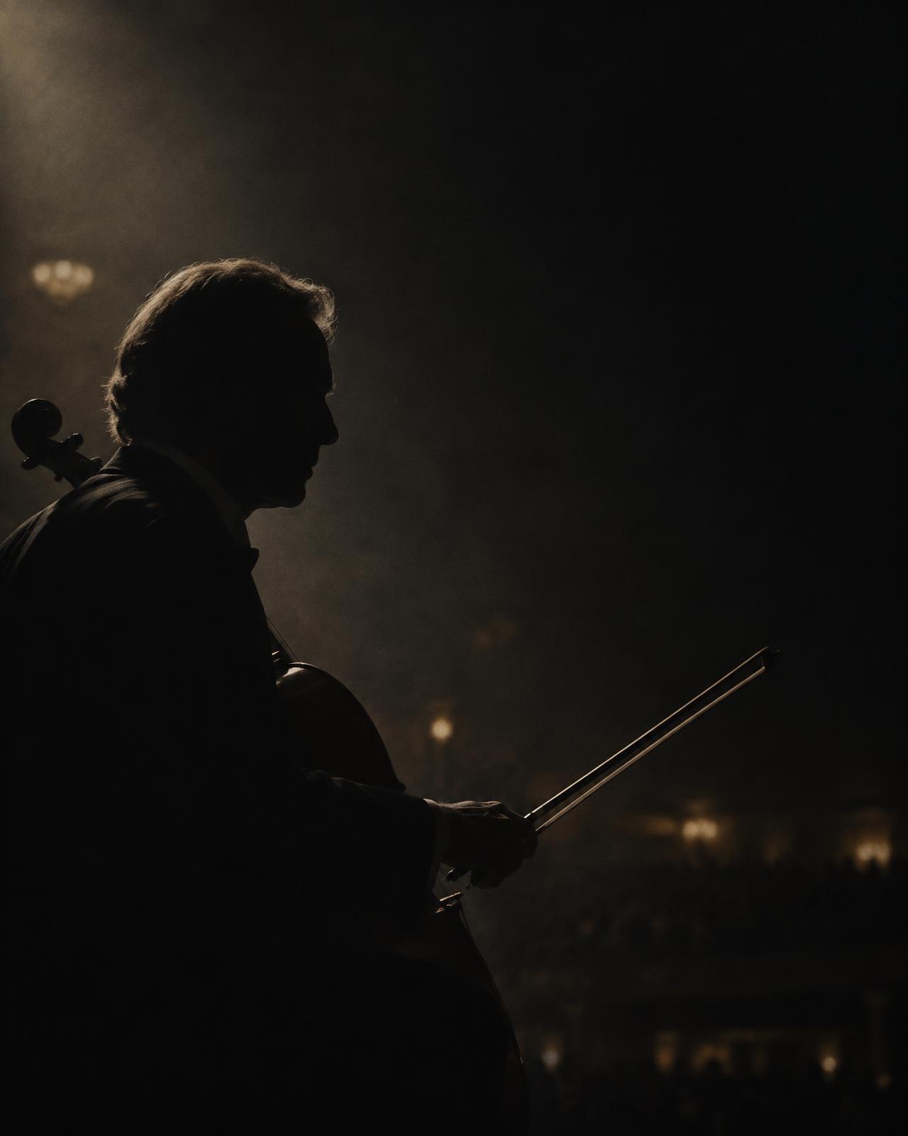Concept art: a cellist in silhouette, seen in profile, holding a bow in a darkened concert hall.