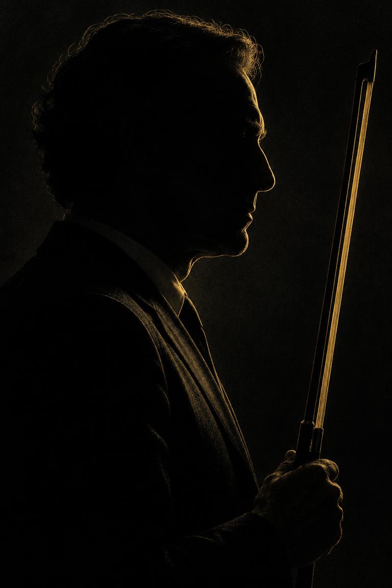 Poster concept slot: a shadowed side profile of the lead in a dark suit, holding a cello bow upright, edge-lit in gold.