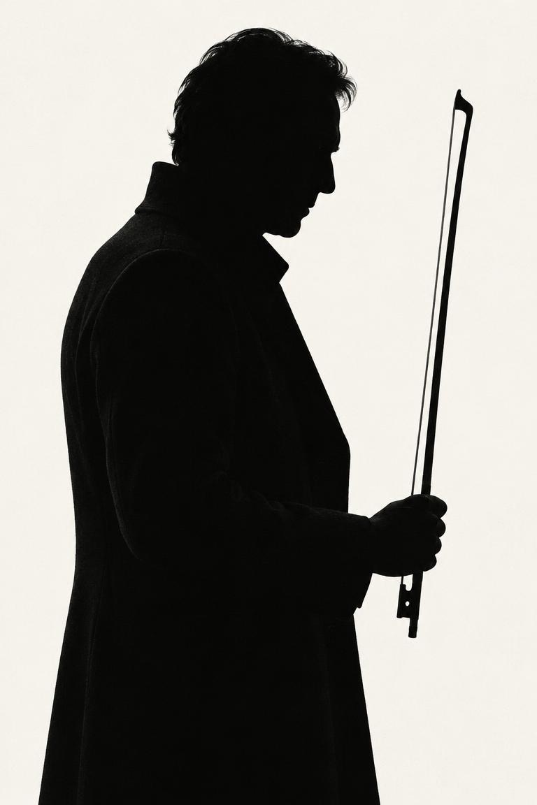 Poster concept slot: a featureless side-profile silhouette in a long coat with a bow held upright like a blade.