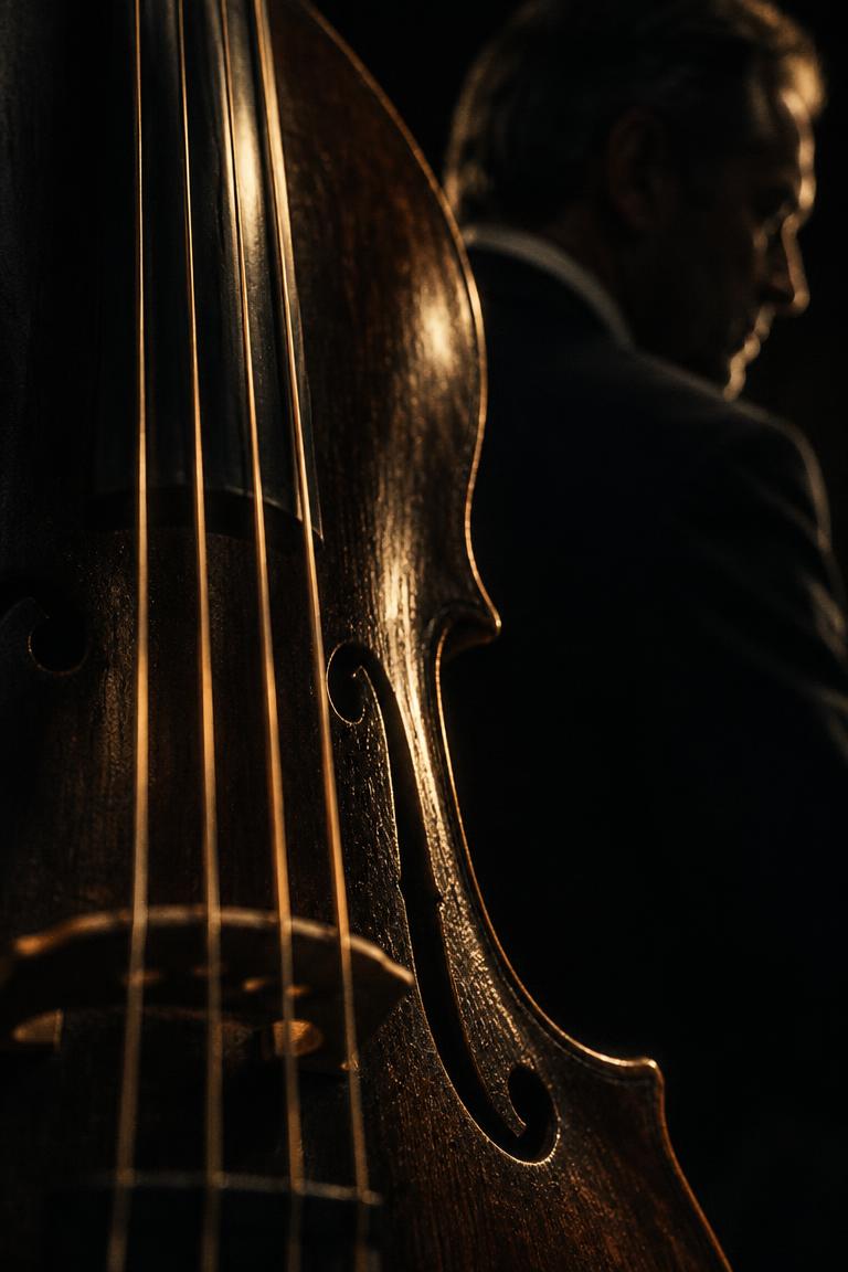 Poster concept slot: taut cello strings in macro, with the lead's shadowed profile behind them.