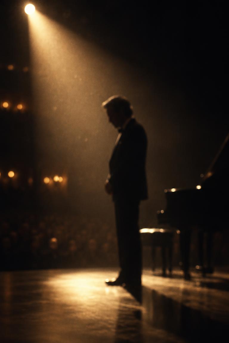 Poster concept slot: a soloist in profile on a spotlit stage, out of focus, face lost in shadow.